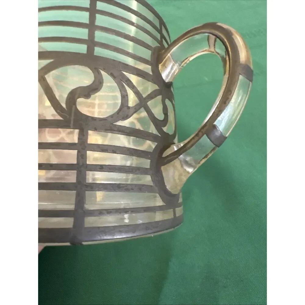 Antique Silver Overlay Glass Sugar Dish